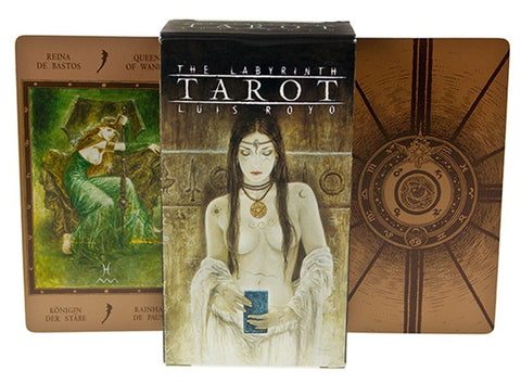 Tarot kortos The Labyrinth (Luis Royo) — stilingas dėklas su mistine moters iliustracija ir bronzinėmis nugarėlėmis