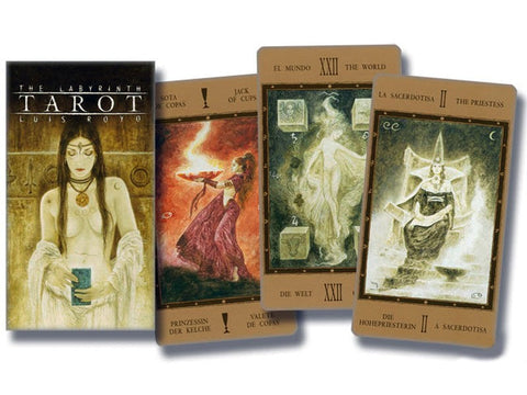 Tarot kortos The Labyrinth – komplektas su dėžute ir keturiomis atverstomis kortomis, mistiškas meninis stilius