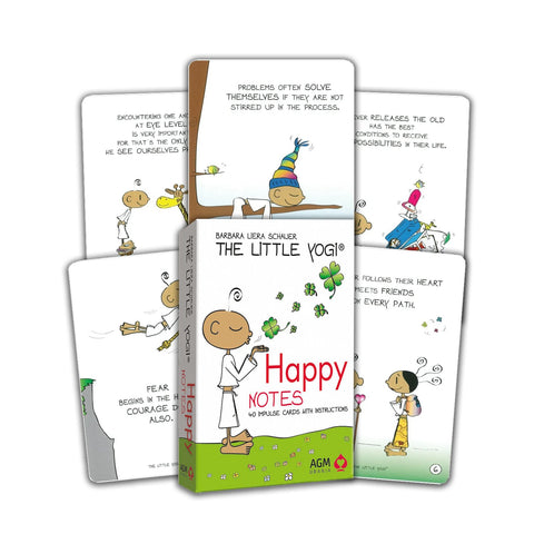 Happy Notes kortos (The Little Yogi) — dėžutė su žalia baze ir kelios impulsų kortelės