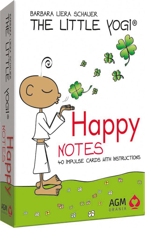 Kortelių rinkinys Happy Notes (The Little Yogi) — baltas viršelis su žalia juosta, 40 impulsų kortelių, pieštas personažas