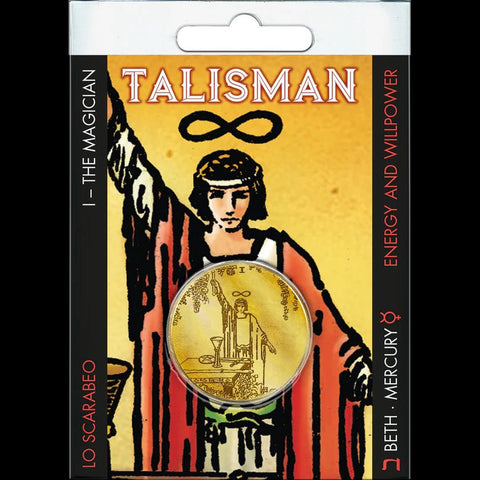 Talismanas Lo Scarabeo – auksinė „The Magician“ moneta plastikiniame kortelės pakavime, skirta energijai ir valiai
