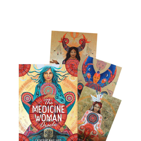 Oracle kortos The Medicine Woman: spalvingas pakuotės viršelis su žaliaplauke moterimi ir keliomis išleistomis kortomis, skirtos savęs pažinimui