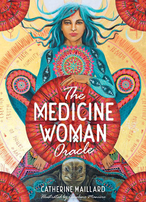 Orakulo kortų rinkinys "The Medicine Woman" su ryškiu moters portretu ir žaliai-raudona mandalos priekiu, aut. Catherine Maillard