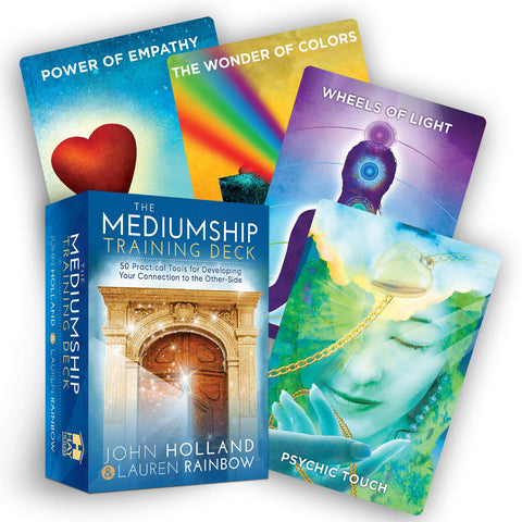 Mediumship mokymo kortos mėlynoje dėžutėje su keliais ryškiaspalviais kortų pavyzdžiais, parodyta išplėsta perspektyva ir pavyzdinė Psychic Touch korta