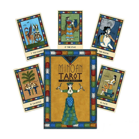Minoan tarot kortos, aukso spalvos dėžutė su Laura Perry logotipu ir šešiomis išdėstytomis Minojos stiliaus kortomis, rodančiomis skirtingus pagrindinius simbolius.
