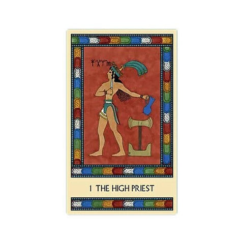 Tarot korta The High Priest raudoname fone su Egipto stiliaus vyriausiojo kunigo figūra ir spalvotu ornamentiniu rėmu