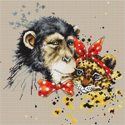 Siuvinėjimo rinkinys su beždžionės ir leopardės portretais, raudonomis taškuotomis skarelėmis, 30×30 cm drobė