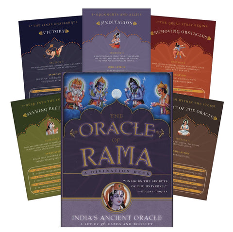 Oracle of Rama kortų rinkinys su violetiniu dėklu ir spalvotomis 56 kortų gairių kortelėmis fone