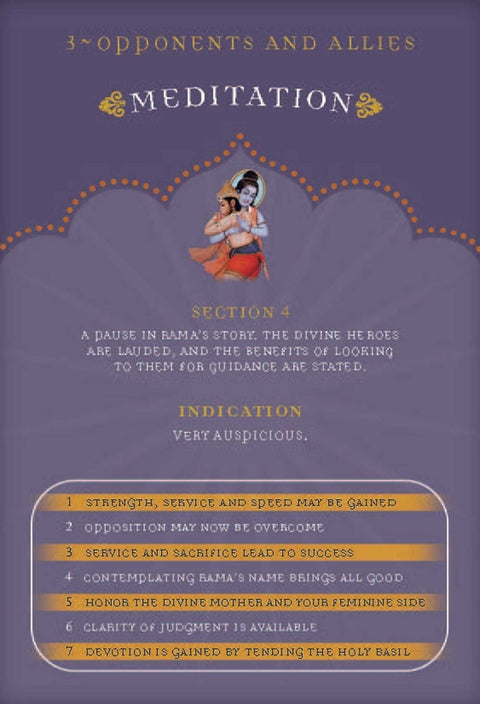 Meditacijos kortelė (4 skyrius), violetinė su Rama ir Hanuman iliustracija; pateikia indikacijas ir 7 patarimus dvasinei praktikai