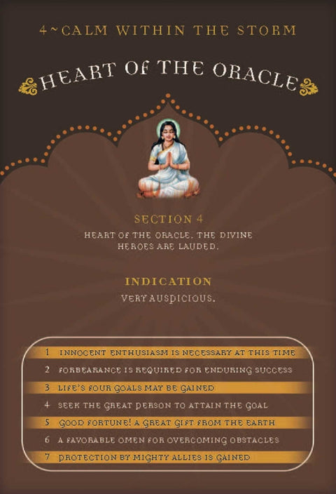 Orakulo korta Heart of the Oracle (ruda, 4 skyrius) su meditacijos figūra ir septyniomis palankiomis reikšmėmis
