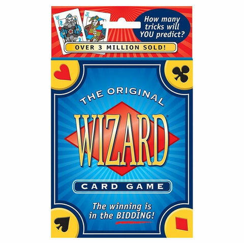 Stambiu planu mėlyna Wizard kortų žaidimo dėžutė su raudonu rombu, keturių kortų ženklai ir šūkiu „The winning is in the BIDDING!“