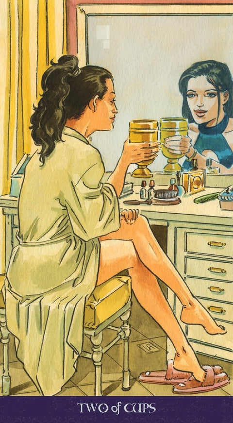 Tarot korta Dviejų taurų — sėdinčią moterį prie toaleto veidrodžio laikant dvi auksines taures, kur atspindys simbolizuoja ryšį ir partnerystę
