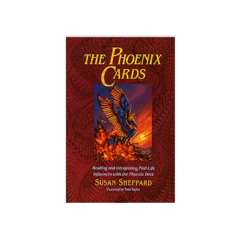 Phoenix kortų rinkinys Susan Sheppard, raudonas viršelis su kylančiu mėlyna‑oranžiniu feniksu virš liepsnų, priekinis dangtis