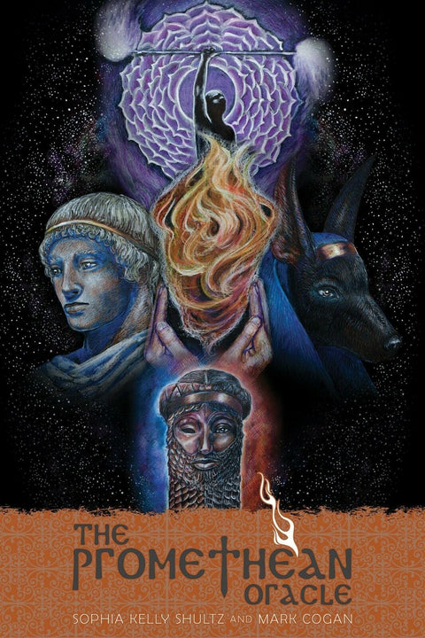 Knyga The Promethean Oracle su violetine mandala ir liepsnos siluetu viršelyje, antikinė skulptūra ir Anubio profilis