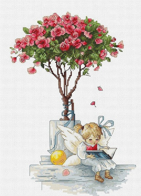 Kryželių siuvinėjimo rinkinys su rožiniu žydinčiu medeliu ir skaityjančia angeliuke, pilnas siuvinėjimas 30×40 cm