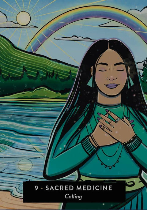 Orakulo korta Calling iš Sacred Medicine rinkinio, žalia moteris prie ežero su vaivorykšte, unikali korta galerijoje