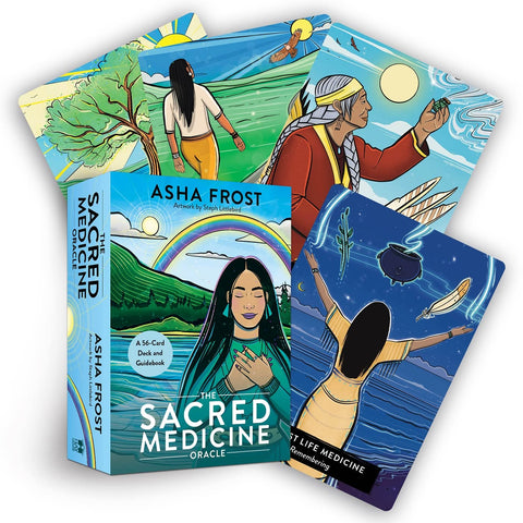 Orakulinių kortų rinkinys The Sacred Medicine (Asha Frost) — mėlyna 56 kortų dėžutė su atvertomis, spalvingomis iliustracijomis ir vadovėliu