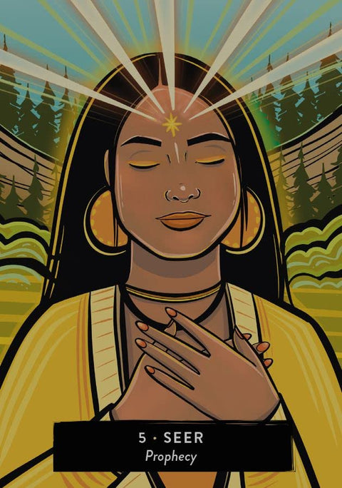 tarot korta Seer — geltonų tonų pranašystės iliustracija: moteris su užmerktomis akimis ir spindinčia žvaigžde ant kaktos