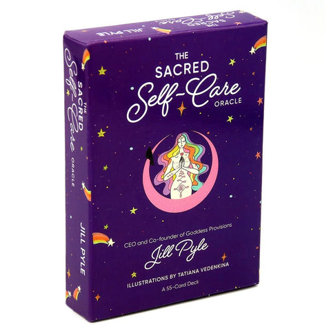Orakulo kortos Sacred Self-Care, violetinė dėžutė iš priekio–šono, 55 kortų komplektas, autorė Jill Pyle