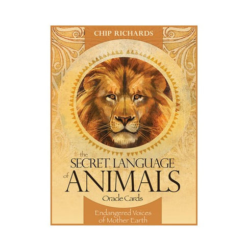 Orakulo kortos The Secret Language of Animals Chip Richards, smėlio atspalvio dėžutė su liūto portretu ir subtitru Endangered Voices of Mother Earth
