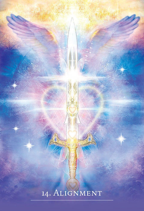 tarot korta Alignment su auksiniu kardu ir sparnais, švytinčia širdimi simbolizuoja dvasinį derinimą