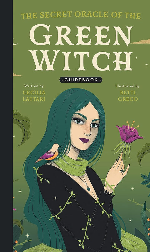knyga Green Witch – žalio viršelio leidimas su iliustruota raganės figūra ir gėlės motyvais, parodyta vertikaliame kadre, skirta produkto viršeliui