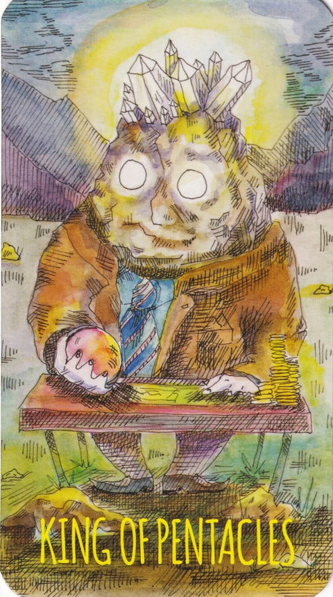 Tarot korta Monetų karalius — karikatūriškas vyras su kristalų karūna, laikantis monetą prie stalo