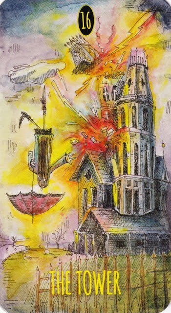 tarot korta Bokštas — iliustracija su geltonu žaibu, sprogimu ir krintančiais žmonėmis, dramatiška atmosfera