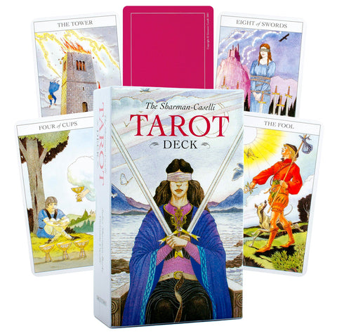 Sharman‑Caselli Tarot pakelio priekinis vaizdas su penkiomis išdėstytomis kortomis fone, ryškios spalvos
