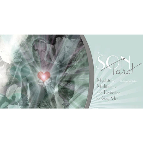 Tarot kortos The Son Tarot viršelis: žalsvai mėtų fonas, vyro siluetas laiko švytinčią raudoną širdį ir taurę fone