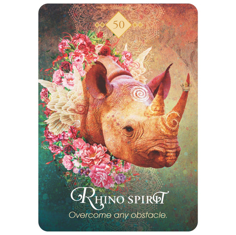 Orakulinė korta Rhino Spirit, spalvinga raganosio galva su gėlių vainiku, numeris 50 ir tekstu Overcome any obstacle