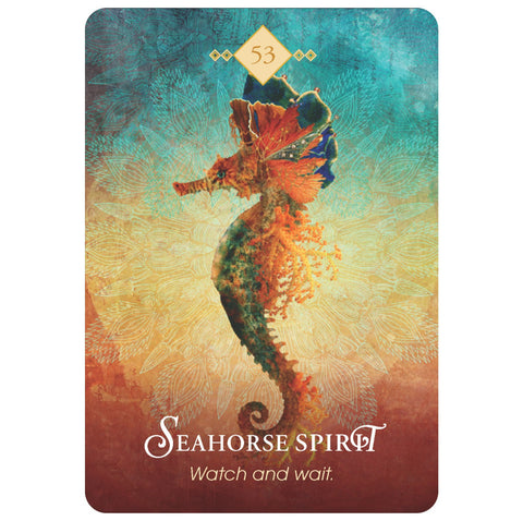 Seahorse Spirit korta Nr. 53, turkio ir oranžinės spalvos priekinis dizainas su mandalos fonu ir užrašu "Watch and wait"