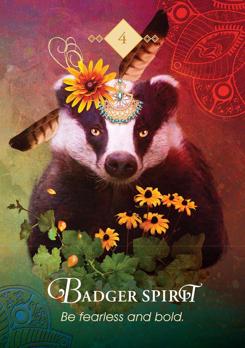 Orakulų korta Badger Spirit, ryški raudona–žalia iliustracija su barsuku, geltonomis gėlėmis ir numeriu 4