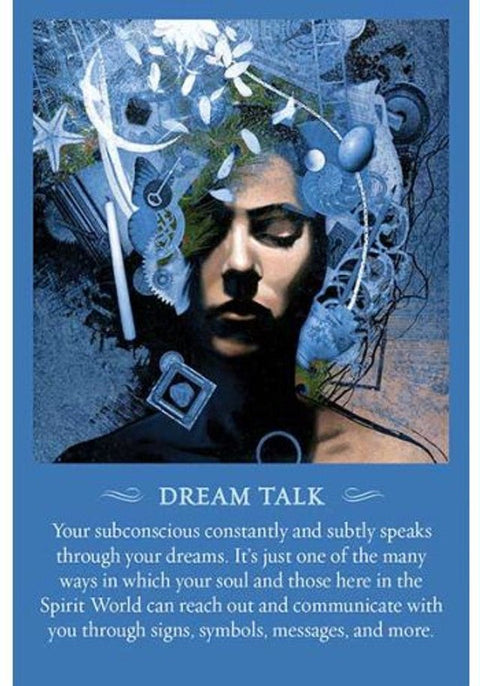 Orakulinė korta „Dream Talk“ mėlyname fone su moters profiliu ir tekstu apie pasąmonės ženklus bei pranešimus