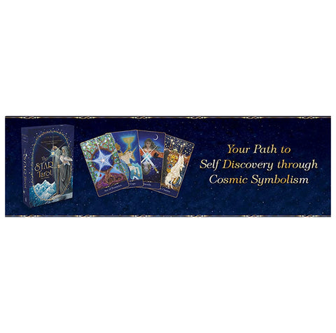 Tarot kortos The Star Tarot, mėlynas kosminis komplektas su dėžute ir keliomis išskleistomis kortomis