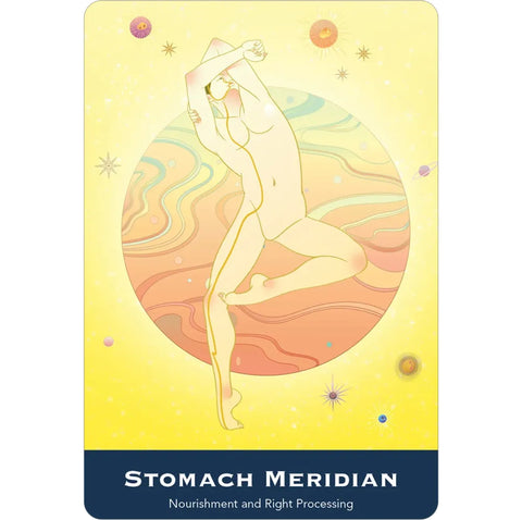 Stomach Meridian korta geltoname dizaine su plika šokančia figūra prieš planetą, skirta virškinimo balansui ir mitybos supratimui