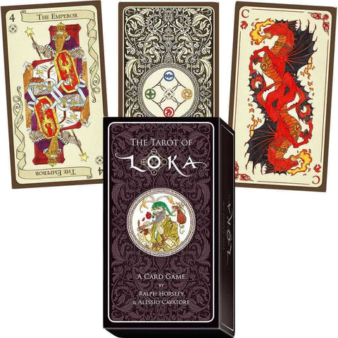 Loka tarot kortų rinkinys, tamsiai violetinė dėžutė ir trys iliustruotos kortos: Imperatorius, ugninis drakonas ir ornamentuota nugarėlė
