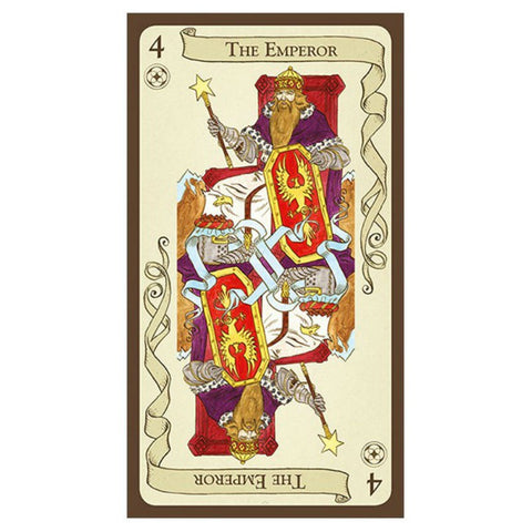 Imperatoriaus tarot korta apversta orientacija, raudonas skydas su auksiniu ereliu ir violetine mantija, kolekcinis variantas