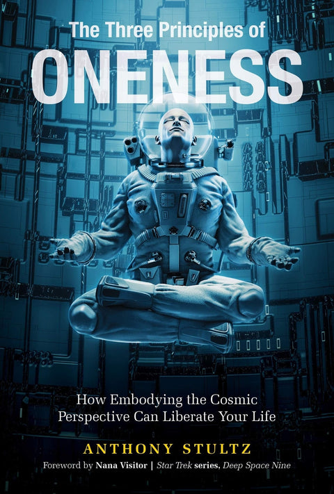 Knyga Oneness Anthony Stultz, mėlynas sci‑fi viršelis su medituojančiu kosminiu kostiumu ir techniniu fonu, priekinis dangtis