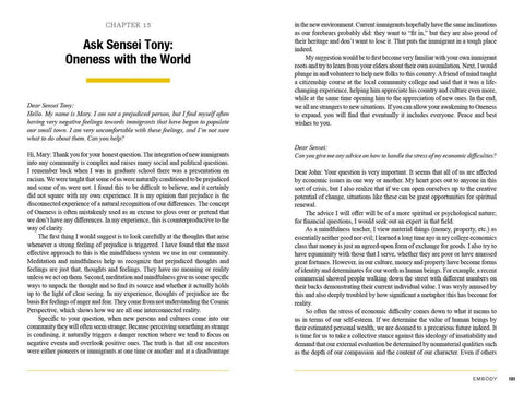 Knyga — dvipusis skyrius "Ask Sensei Tony: Oneness with the World", tekstas dviem stulpeliais su geltona pabrauka, puslapis 101