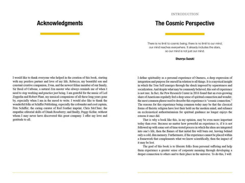 Knyga atversta dviem puslapiais, kairėje padėkos tekstas, dešinėje įžanga „The Cosmic Perspective“ su citata