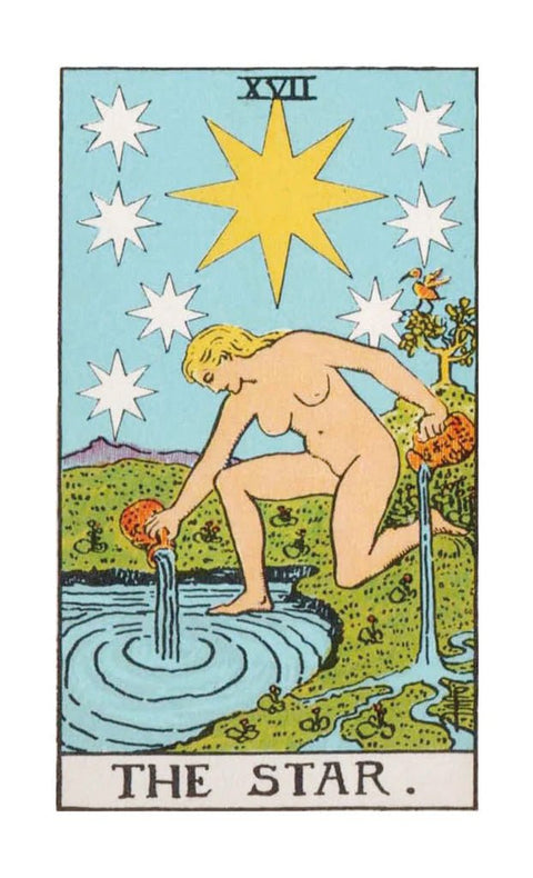 Tarot korta Žvaigždė Rider–Waite, priekinė kortelės pusė, šviesiai mėlynas fonas, didelė geltona žvaigždė ir mažesnės baltos žvaigždės