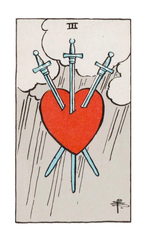 tarot korta Trys kalavijai, raudona perversta širdis su trimis mėlynais kalavijais, retro iliustracijos stilius