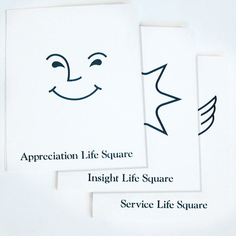Life Square kortelės, baltas rinkinys su minimalistinėmis juodomis piktogramomis ir užrašais "Appreciation", "Insight", "Service"