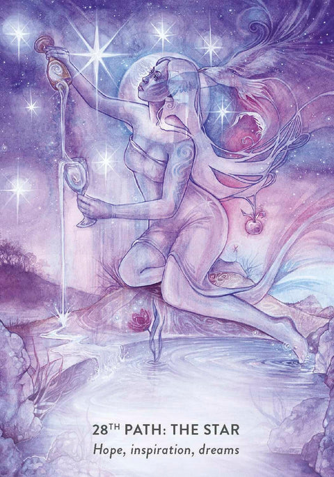 Tarot korta Žvaigždė su violetine žvaigždžių iliustracija, įkvepianti viltį ir svajones, priekinis kortos dizainas
