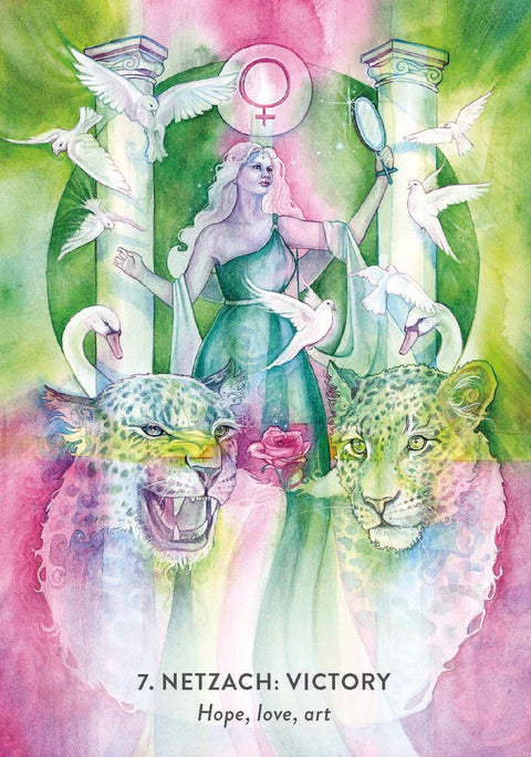 tarot korta Netzach (7) — žaliarosvė akvarelinė iliustracija su moterimi, dviem leopardais, gulbėmis ir rože