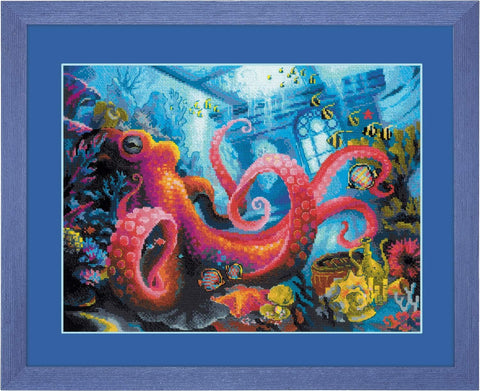 Diamond painting rinkinys su ryškiai rožiniu aštuonkoju ir mėlynu mediniu rėmu, paruoštas kabinti