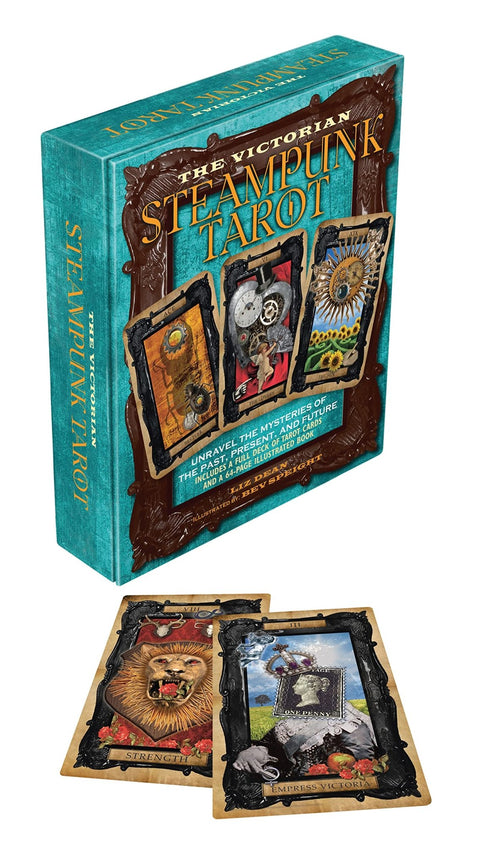 Tarot kortos Victorian Steampunk turkio pakuotėje, su atversta kalade ir trimis išdėstytomis iliustruotomis kortomis