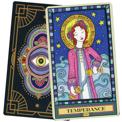 tarot korta Temperance iš spalvingo taro rinkinio, matomas kortos priekinis paveikslas ir dekoruota nugarėlė