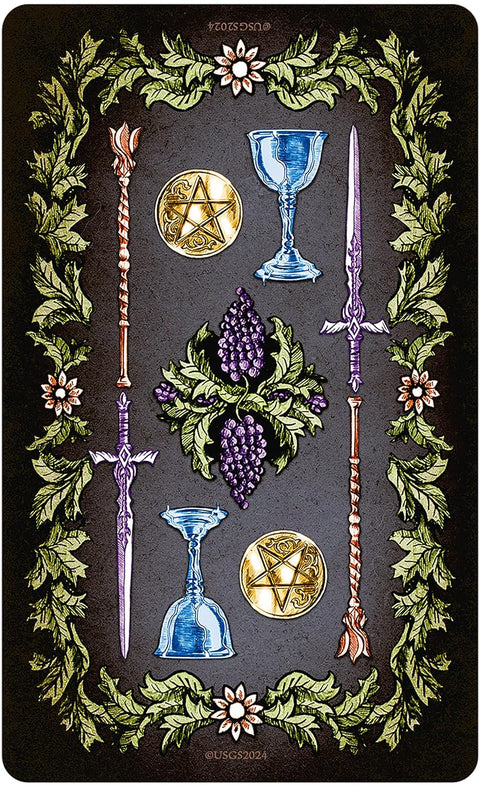 Tarot korta nugarėle, tamsi Rider stiliaus su vynuogių vainiku ir spalvotais taurų, kardų, monetų bei lazdelės simboliais